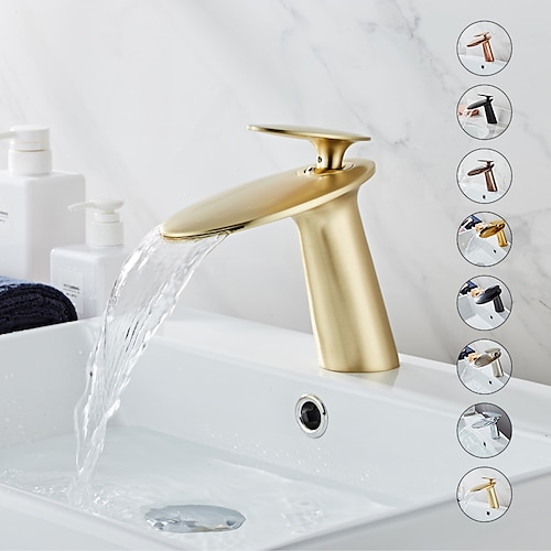 

Brass Faucet Set,Waterfall Brushed Rose Gold Centerset Single Handle One Hole Bath Taps with Hot and Cold Switch