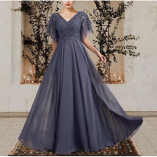 

A-Line Mother of the Bride Dress Plus Size Elegant V Neck Floor Length Chiffon Lace Short Sleeve with Pleats Beading Appliques 2022