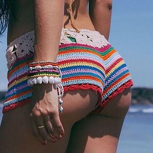 

Women's Shorts Hot Pants Green Blue Red Mid Waist Casual Sexy Holiday Beach Cut Out Crochet Micro-elastic Short Comfort Stripe One-Size