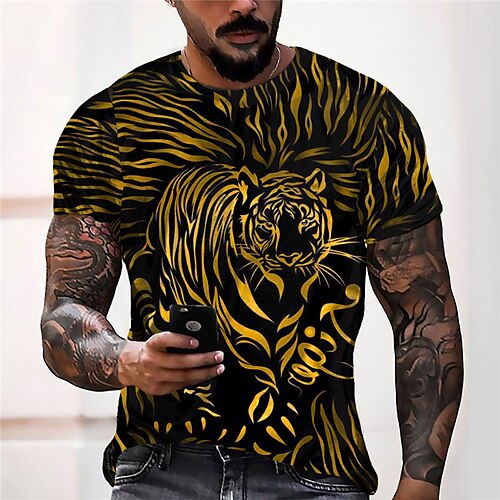 

Men's Unisex T shirt Tee 3D Print Graphic Prints Tiger Crew Neck Street Daily Print Short Sleeve Tops Designer Casual Big and Tall Sports Yellow / Summer