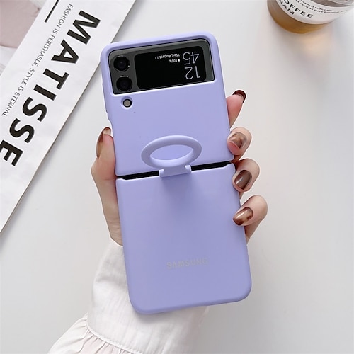 

Phone Case For Samsung Galaxy Back Cover Leather Z Flip 3 Portable Ring Holder Shockproof Solid Colored Silica Gel
