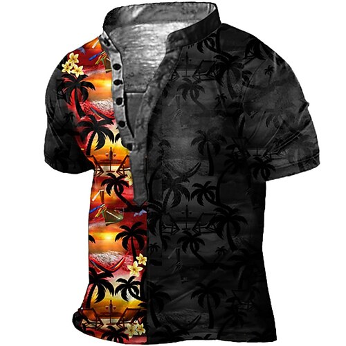 

Men's Henley Shirt Tee T shirt Tee 3D Print Graphic Patterned Color Block Coconut Tree Plus Size Stand Collar Daily Sports Button-Down Print Short Sleeve Tops Designer Basic Casual Big and Tall Black