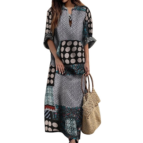 

Women's Shift Dress Maxi long Dress Green Wine Long Sleeve Floral Polka Dot Print Print Spring Summer V Neck Elegant Vintage Boho 2022 M L XL XXL 3XL 4XL 5XL