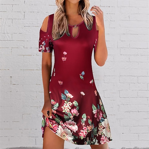 

Women's Casual Dress Shift Dress Mini Dress Black Blue Red Short Sleeve Floral Cold Shoulder Spring Summer Crew Neck Loose Fit 2022 S M L XL XXL