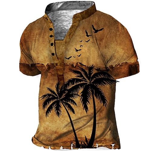 

Men's T shirt Tee Henley Shirt Tee Graphic Coconut Tree Stand Collar Brown 3D Print Plus Size Outdoor Daily Short Sleeve Button-Down Print Clothing Apparel Basic Designer Casual Big and Tall / Summer