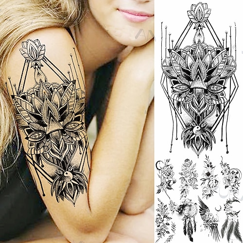 

9 pcs Geometric Lotus Flower Temporary Tattoos For Women Girl Adult Fake Moon Rose Feather Wings Tattoo Sticker Washable Tatoo Armband