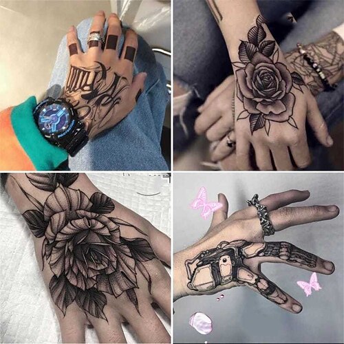 

12 pcs Waterproof Temporary Tattoo Sticker Flower Rose Fake Tatto Flash Tatoo Hand Arm palm finger Back Tato body art for Women Men