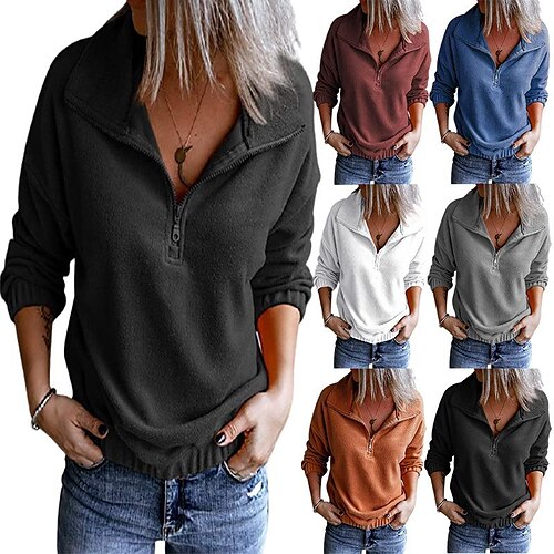 

an n solid color fleece st-up collar zipper sweater women's hem elastic casual long-sleeved top women