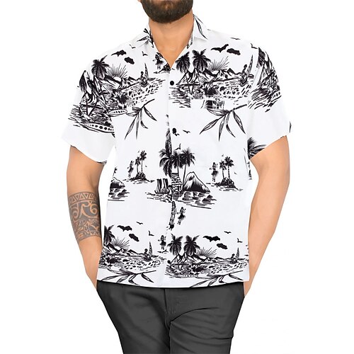 

Men's Shirt Ink Painting Turndown Street Casual Button-Down Short Sleeve Tops Casual Fashion Comfortable Beach Black / White