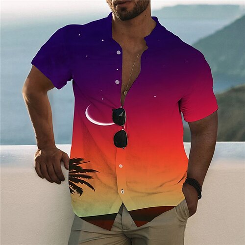 

Men's Shirt 3D Print Scenery Stand Collar Casual Daily Button-Down Print Short Sleeve Tops Designer Casual Fashion Hawaiian Rainbow