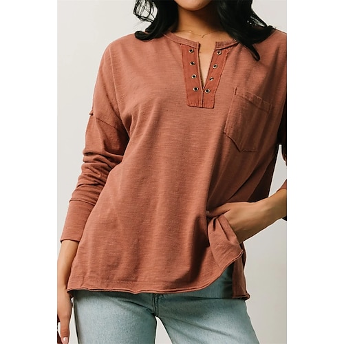 

Women's T shirt Tee Plain Casual Weekend T shirt Tee Long Sleeve Pocket V Neck Basic Essential Wine Army Green S