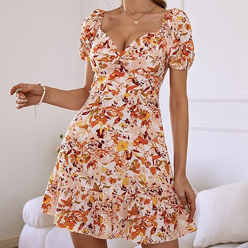 

Women's Sheath Dress Short Mini Dress Yellow Short Sleeve Print Patchwork Puff Sleeve Print Spring Summer V Neck Stylish Vacation Fashion Puff Sleeve 2022 XS S M L