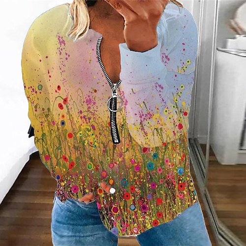 

Women's Plus Size Tops Pullover Sweatshirt Floral Zipper Print Long Sleeve Round Neck Streetwear Daily Vacation Polyester Fall Spring Orange