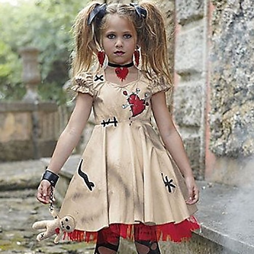 

Kids Girls' Halloween Dress Graphic A Line Dress Asymmetrical Dress Halloween Lace Trims Cotton Short Sleeve Gothic Dress 3-10 Years Spring Champagne