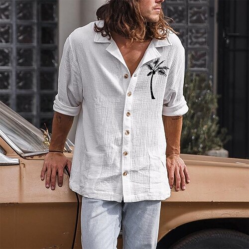 

Men's Shirt Graphic Patterned Solid Color Coconut Tree Turndown Casual Daily Layered Button-Down Long Sleeve Tops Casual Exaggerated White