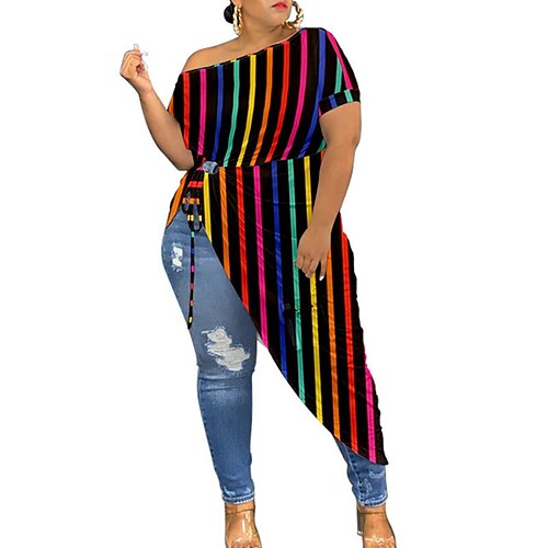 

Women's Plus Size Tops Blouse Shirt Striped Tie Dye Asymmetric Print Short Sleeve Crewneck Streetwear Daily Going out Polyester Spring Summer Black Blue