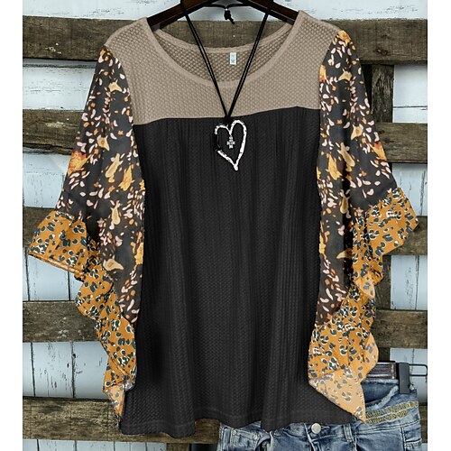 

Women's Shirt Floral Color Block Leopard Holiday Weekend Floral Shirt Long Sleeve Ruffle Print Round Neck Casual Streetwear Black Blue Gray S / 3D Print
