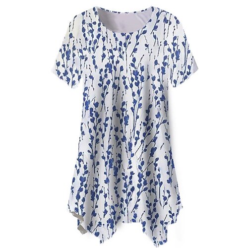 

Women's Plus Size Tops Blouse Shirt Leaf Print Short Sleeve Crewneck Streetwear Daily Going out Polyester Spring Summer Blue LightBlue