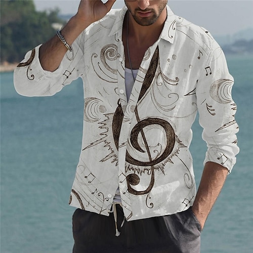 

Men's Shirt Graphic Shirt Notes Turndown White 3D Print Outdoor Street Long Sleeve Button-Down Print Clothing Apparel Fashion Designer Casual Breathable