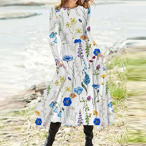 

Women's A Line Dress Midi Dress White Blue Long Sleeve Floral Pocket Print Fall Spring Round Neck Casual Vacation 2022 S M L XL XXL 3XL