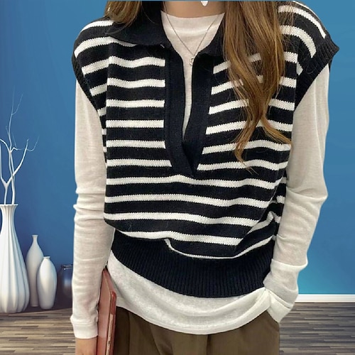 

Women's Sweater Vest Jumper Knit Knitted Striped Shirt Collar Stylish Casual Holiday Going out Fall Winter Black Beige One-Size / Sleeveless / Regular Fit / Sleeveless