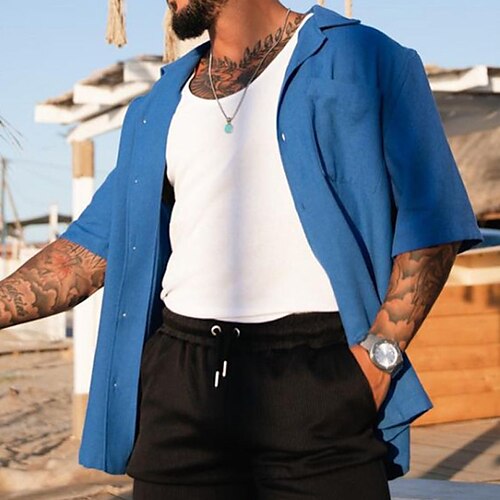 

Men's Shirt Solid Color Turndown Street Daily Button-Down Short Sleeve Tops Casual Fashion Breathable Comfortable Blue