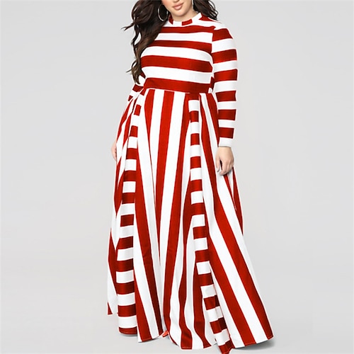 

Women's Plus Size Casual Dress Striped Crew Neck Ruched Long Sleeve Fall Winter Casual Maxi long Dress Daily Vacation Dress