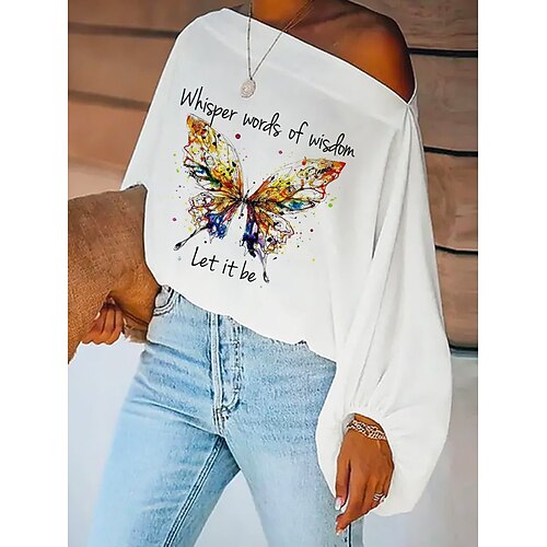 

Women's Shirt Butterfly Letter Daily Weekend Butterfly Shirt Long Sleeve Print Off Shoulder Casual Streetwear White S / 3D Print