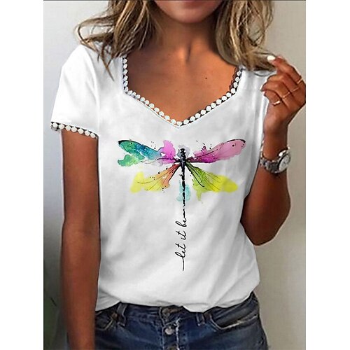 

Women's Butterfly Casual Daily Holiday T shirt Tee Short Sleeve Patchwork Lace Trims Print V Neck Basic Essential Tops White S / 3D Print