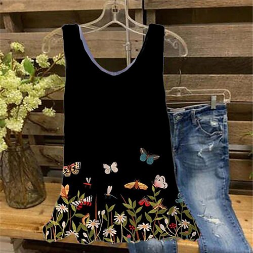 

Women's Plus Size Tops Tank Top Floral Butterfly Print Sleeveless V Neck Streetwear Daily Holiday Cotton Spandex Jersey Spring Summer Black Blue