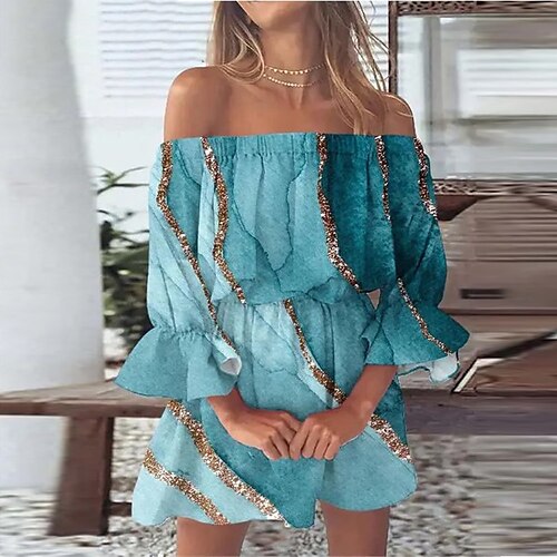 

Women's A Line Dress Short Mini Dress Blue 3/4 Length Sleeve Color Gradient Backless Ruffle Print Spring Summer Off Shoulder Vacation 2022 S M L XL XXL
