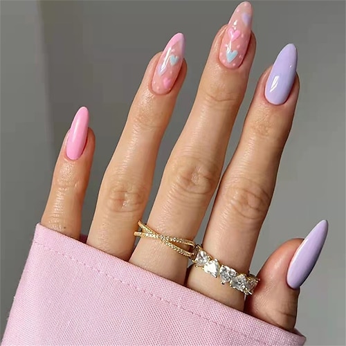 

24pcs Wearing Nail Manicure Patch Macaron Color Cute Love Finished Fake Nail Patch Pink Purple White