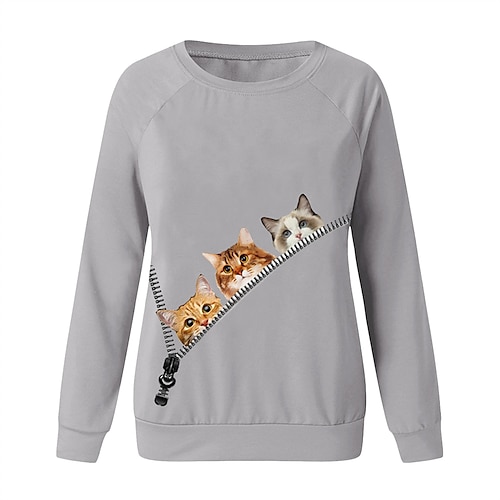 

Women's Plus Size Tops Pullover Sweatshirt Hoodie Sweatshirt Animal Cat Print Long Sleeve Round Neck Streetwear Daily Sports Polyester Fall Winter Green White