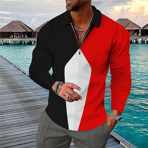 

Men's Collar Polo Shirt Golf Shirt Color Block Turndown Black 3D Print Outdoor Street Long Sleeve Zipper Print Clothing Apparel Fashion Designer Casual Breathable / Summer / Spring / Summer