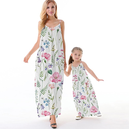 

Mommy and Me Dresses Floral Causal Backless Pink Sleeveless Maxi Strap Dress Active Matching Outfits