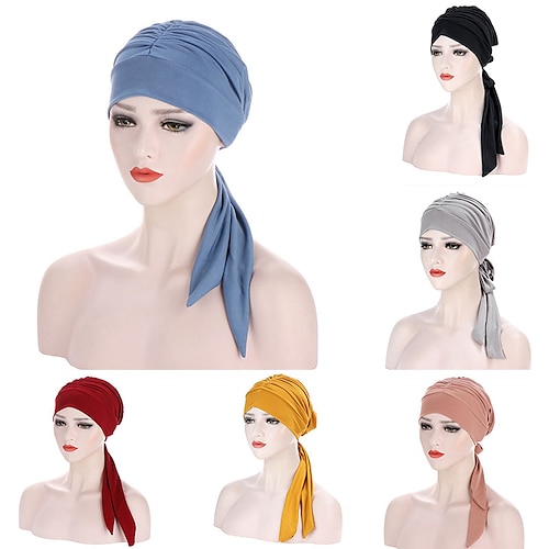 

Muslim Women Stretch Solid Wrinkle Turban Hat Cancer Chemo Beanies Caps Pre-Tied Scarf Headwear Headwrap Simple Hair Accessories