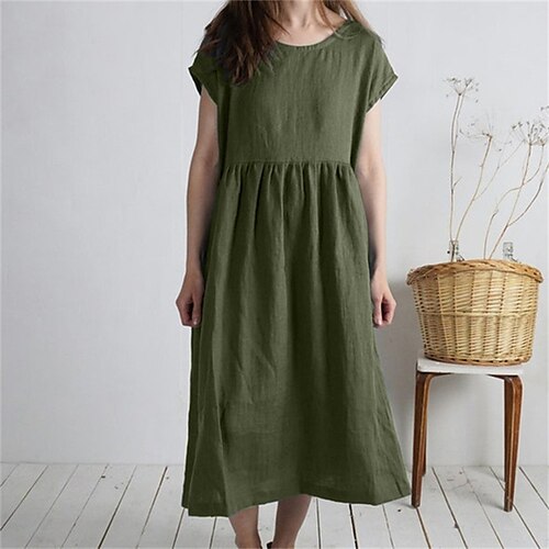 

Women's Casual Dress Linen Dress Midi Dress Blue Wine Army Green Short Sleeve Pure Color Ruched Spring Summer Crew Neck Mature Weekend Loose Fit 2022 S M L XL XXL 3XL 4XL 5XL