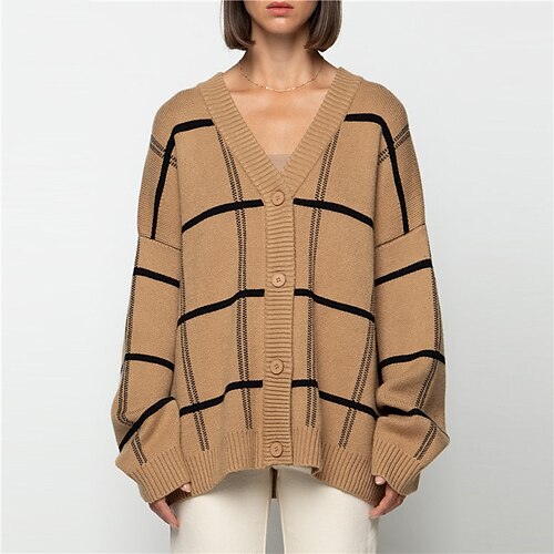 

Women's Cardigan Sweater Jumper Crochet Knit Knitted Button Striped V Neck Stylish Casual Daily Going out Fall Winter Khaki Brown S M L / Long Sleeve