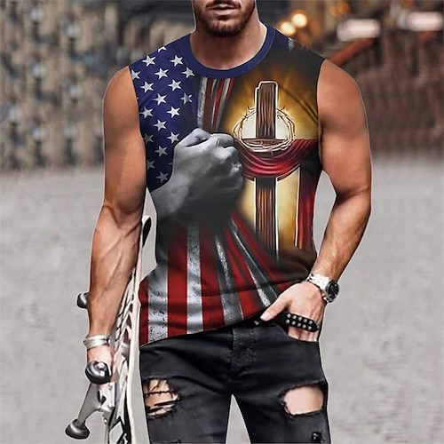 

Men's Tank Top Vest 3D Print Graphic Prints American Flag Crew Neck Street Casual 3D Print Sleeveless Tops Fashion Breathable Comfortable Big and Tall Blue / Summer / Spring / Summer