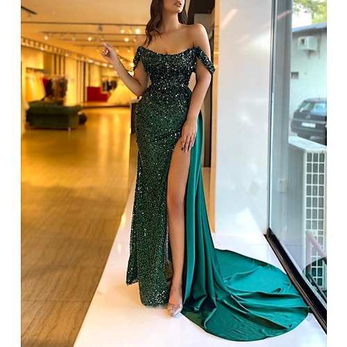 

Mermaid / Trumpet Evening Dresses Sexy Dress Formal Evening Sweep / Brush Train Short Sleeve Off Shoulder Sequined with Slit 2022 / Sparkle & Shine