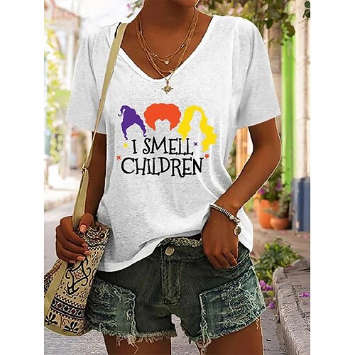 

Women's T shirt Tee Graphic Patterned Letter Halloween Casual Daily T shirt Tee Short Sleeve Print V Neck Basic Green White Blue S