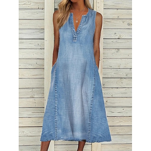 Women's Denim Dress Shift Dress Maxi long Dress Cotton Denim Casual Daily Holiday Vacation Split Neck Pocket Sleeveless Summer Spring 2022 Loose Fit Blue Pure Color S M L XL XXL, lightinthebox  - buy with discount