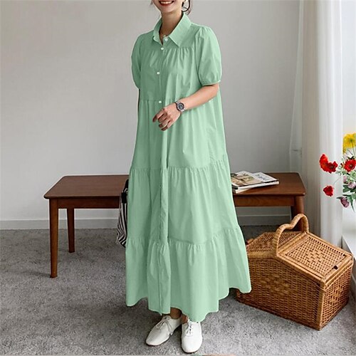 

Women's A Line Dress Maxi long Dress White Black Light Green Light Blue Short Sleeve Pure Color Ruched Button Fall Spring Shirt Collar Vintage Modern 2022 S M L XL XXL 3XL 4XL 5XL