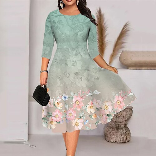 

Women's Plus Size Holiday Dress Floral Crew Neck Print 3/4 Length Sleeve Fall Spring Work Midi Dress Daily Vacation Dress