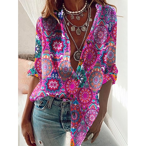

Women's Blouse Graphic Patterned Daily Weekend Blouse Shirt Long Sleeve Button Print Standing Collar Casual Streetwear Fuchsia S / 3D Print