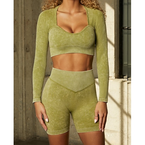 

Women's Tracksuit Activewear Set Yoga Suit 2 Piece Seamless Solid Color Shorts Crop Top ArmyGreen Black Yoga Fitness Gym Workout Tummy Control Butt Lift Breathable Sport Activewear Stretchy / Cropped