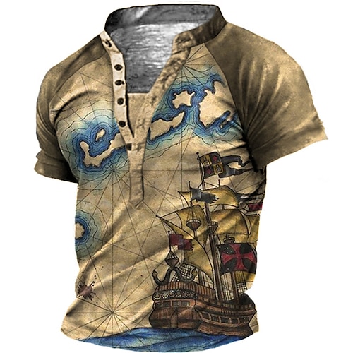 

Men's T shirt Tee Henley Shirt Tee Graphic Henley Brown 3D Print Sailboat Plus Size Outdoor Daily Short Sleeve Button-Down Print Clothing Apparel Basic Designer Casual Classic / Summer / Summer