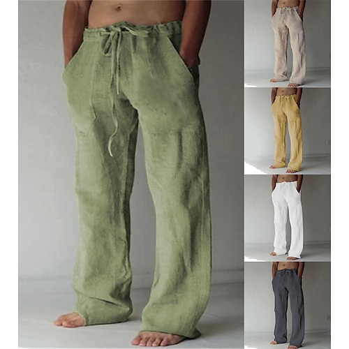 

Men's Linen Casual Pants Solid Color Fashion Straight-Leg Trousers Baggy Pants With Pockets Drawstring Elastic Waist Design Beach Pants Daily Yoga Comfort Soft Mid Waist Green White Khaki 3XL