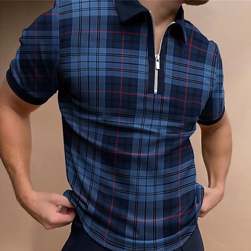 

Men's Collar Polo Shirt Golf Shirt Graphic Plaid Turndown Navy Blue 3D Print Street Daily Short Sleeve Zipper 3D Clothing Apparel Fashion Casual Breathable Comfortable / Beach