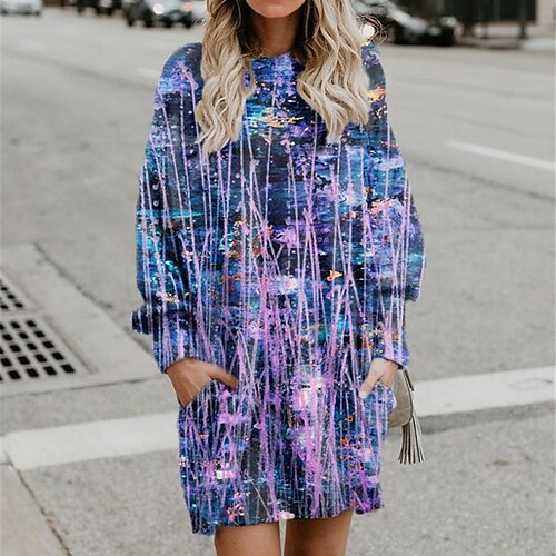 

Women's Shift Dress Short Mini Dress Green Purple Fuchsia Long Sleeve Floral Pocket Print Fall Winter Hooded Casual 2022 S M L XL XXL 3XL